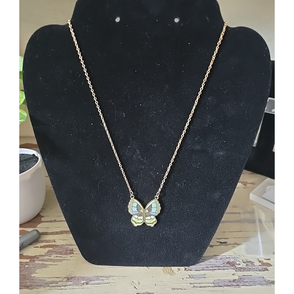 Vtg Y2K Gold Tone Butterfly Enamel Pendant Preppy Fashion Jewelry Necklace